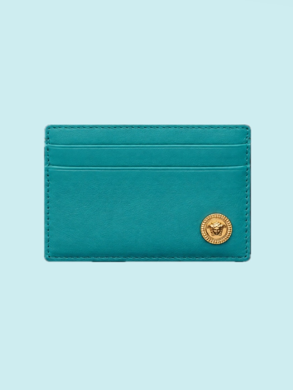 🔥 VERSACE Teal Card Holder with Gold Medusa Emblem